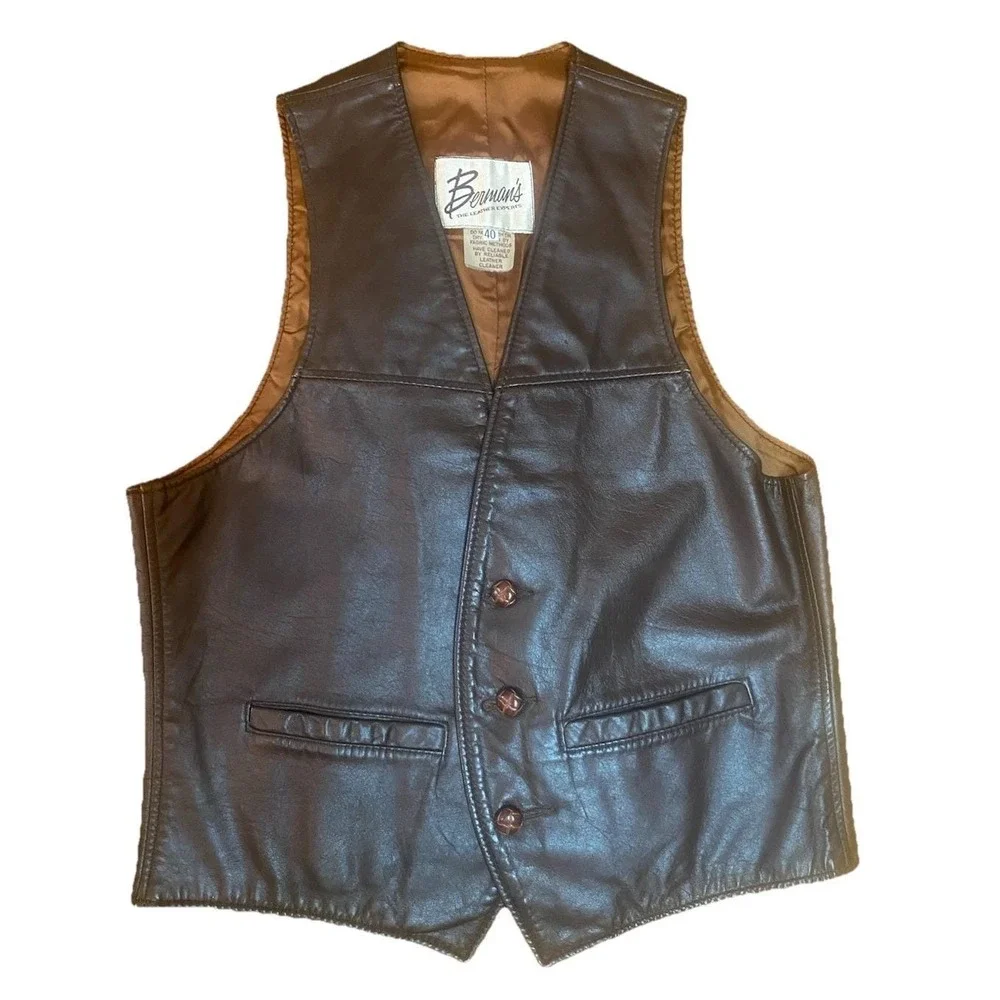 Vintage Berman's Leather  Vest Men's 40‎ Brown Lined Pockets